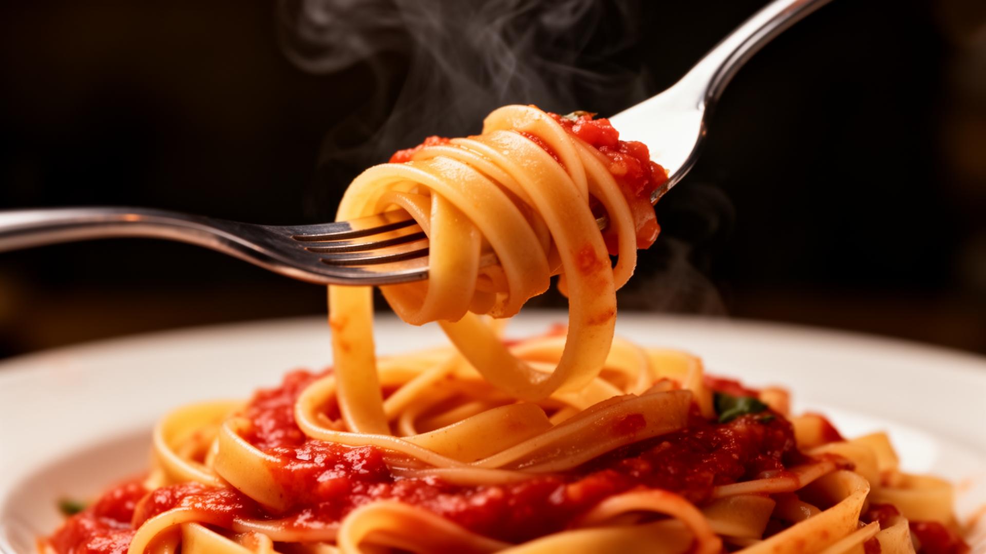 Fourchette tournant des tagliatelles fraîches à la sauce tomate